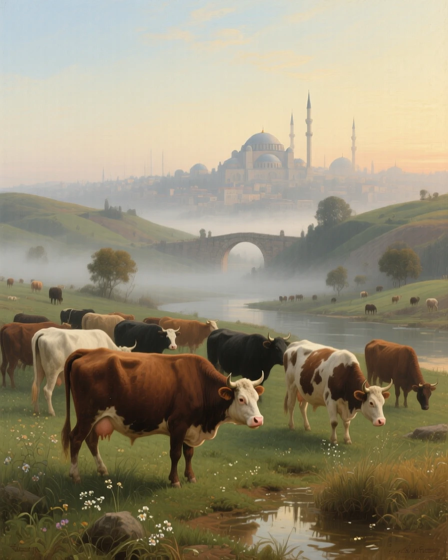 A centered composition of a herd of cattle grazing peacefully in a misty valley, in old Istanbul, in the 18th century.