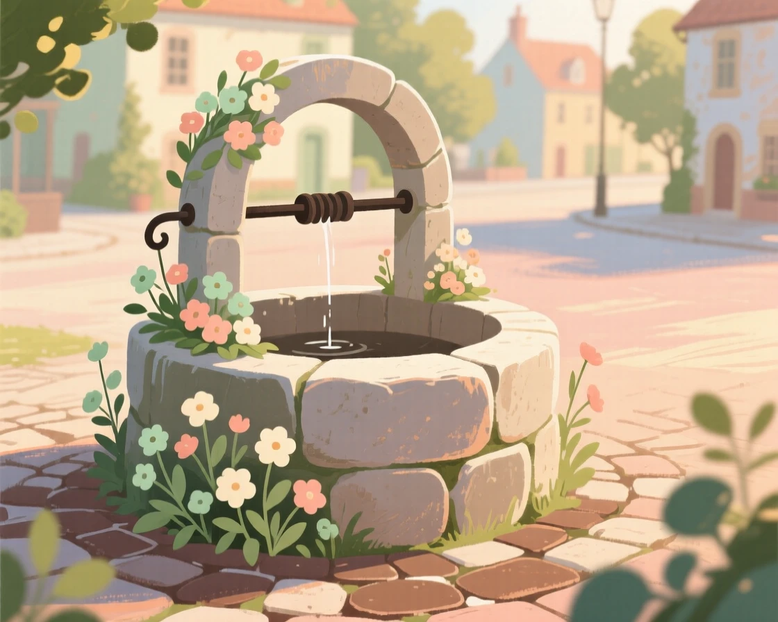 A quiet stone well in a village square decorated with flowers