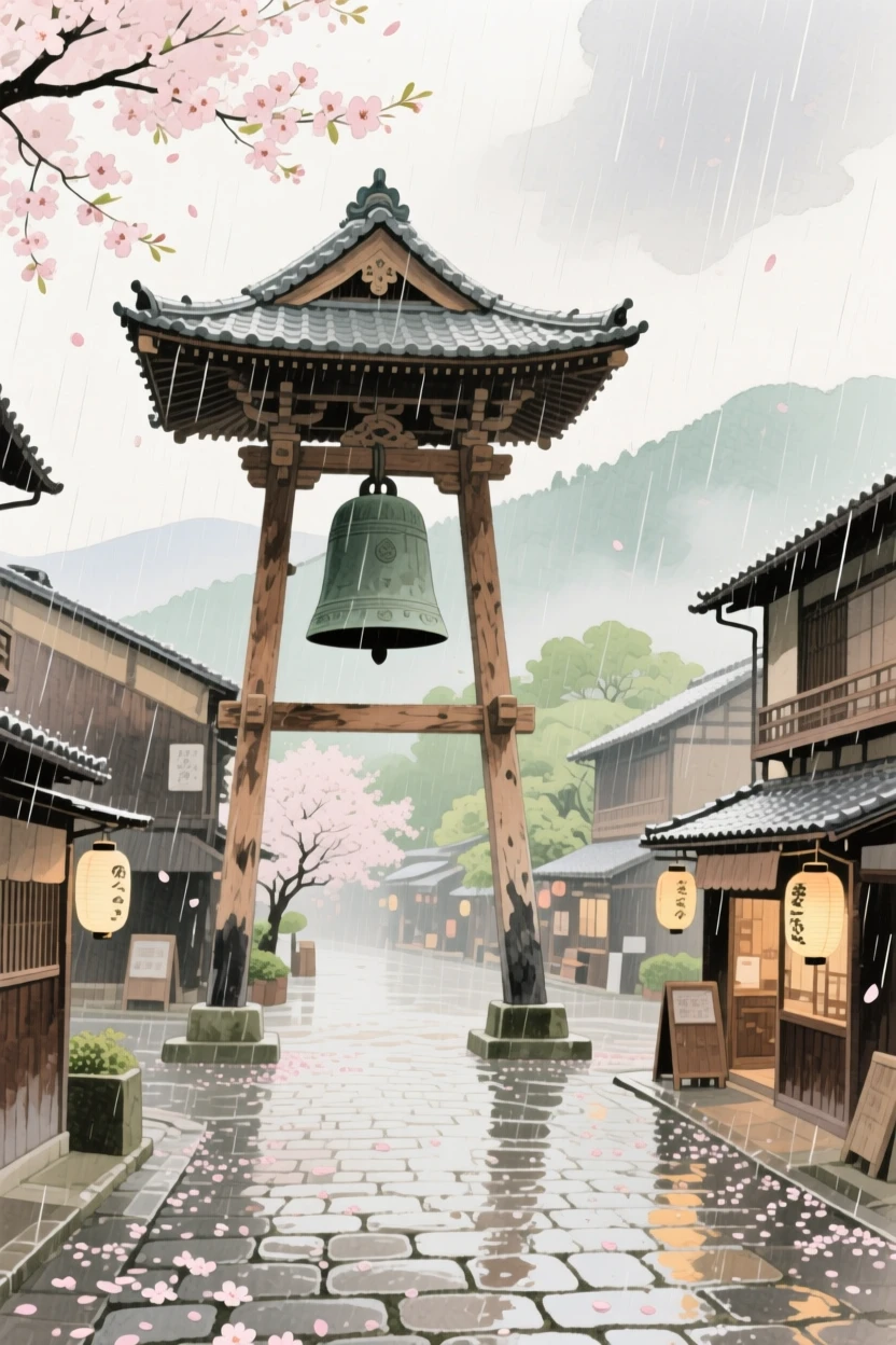 A picturesque view of a Japanese hot spring town with a bell tower overlooking the town square, during a gentle spring rain