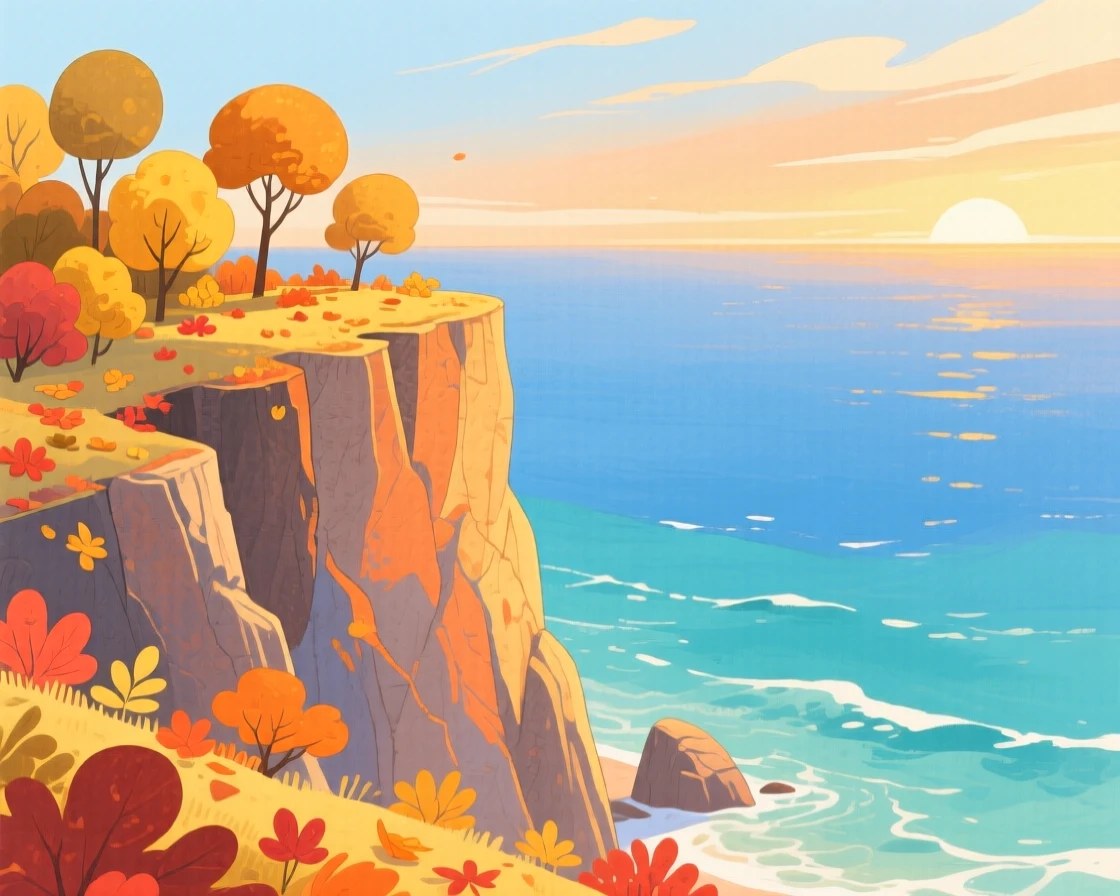 A dramatic cliffside overlooking the ocean bathed in warm light during golden autumn.