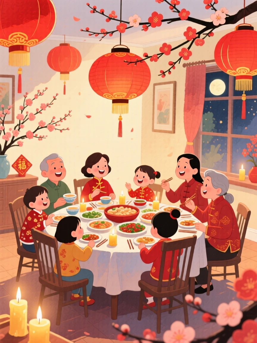 A family gathered for a Lunar New Year feast, in a home decorated with red lanterns and blossoms, with the golden glow of candlelight flickering softly, evoking prosperity, warmth, and family unity.
