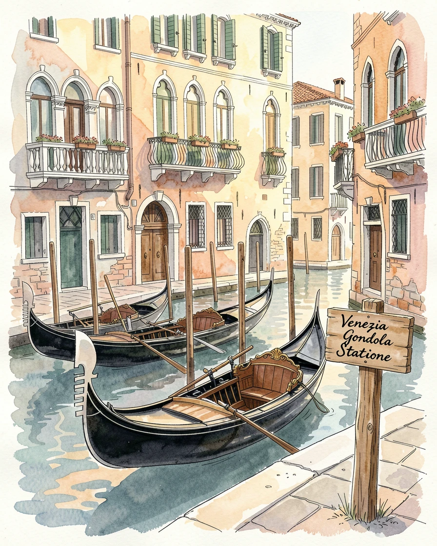 A row of gondolas resting along a quiet Venetian canal at dawn, a gentle stillness settling over the historic setting.