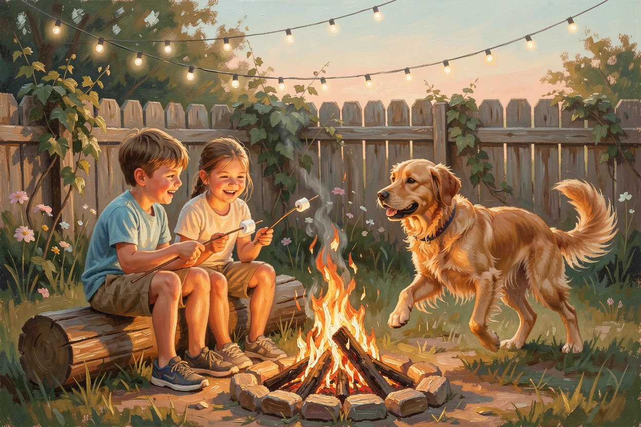 In a rustic backyard strung with fairy lights, siblings roasting marshmallows over a campfire, a dog bounding happily alongside them, on a warm summer afternoon.