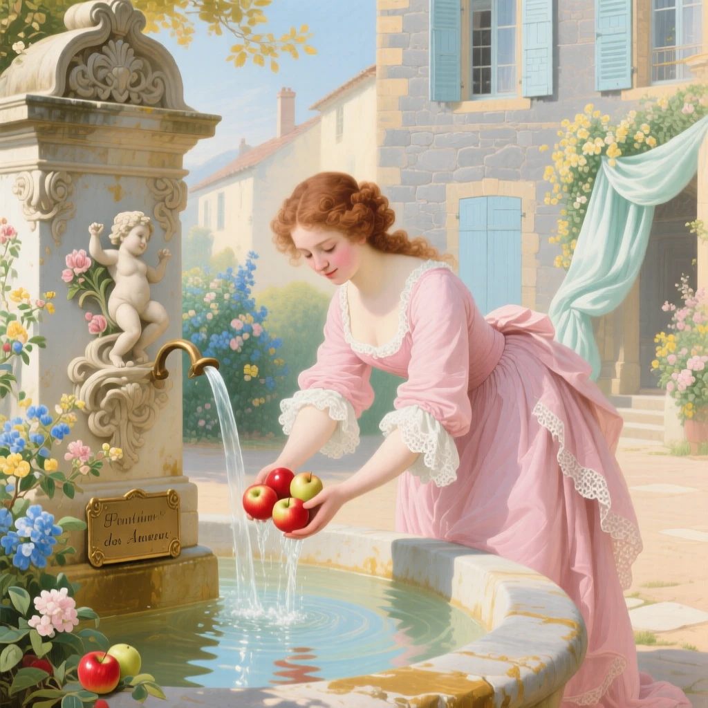 A young woman washing apples at a village fountain  