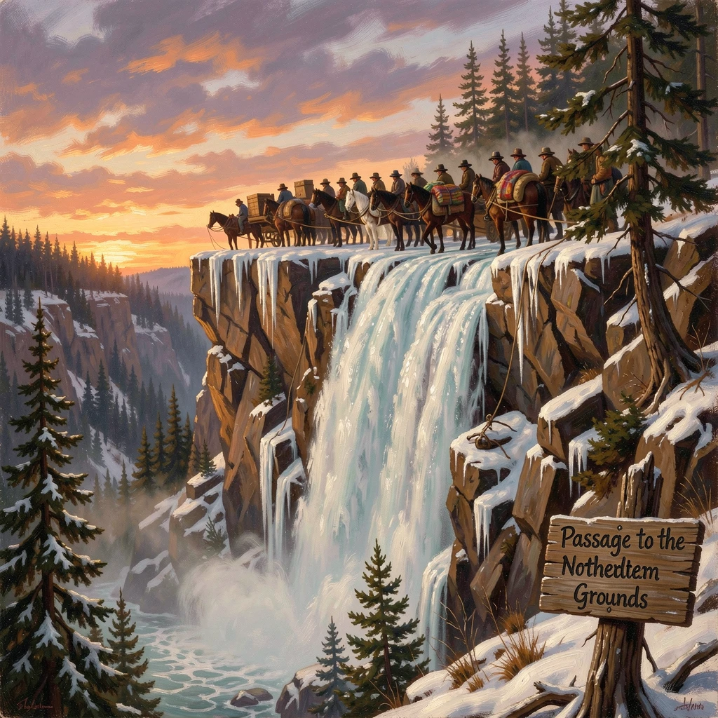 A caravan of traders stands atop a frozen waterfall clinging to the rock beneath the last light of day.