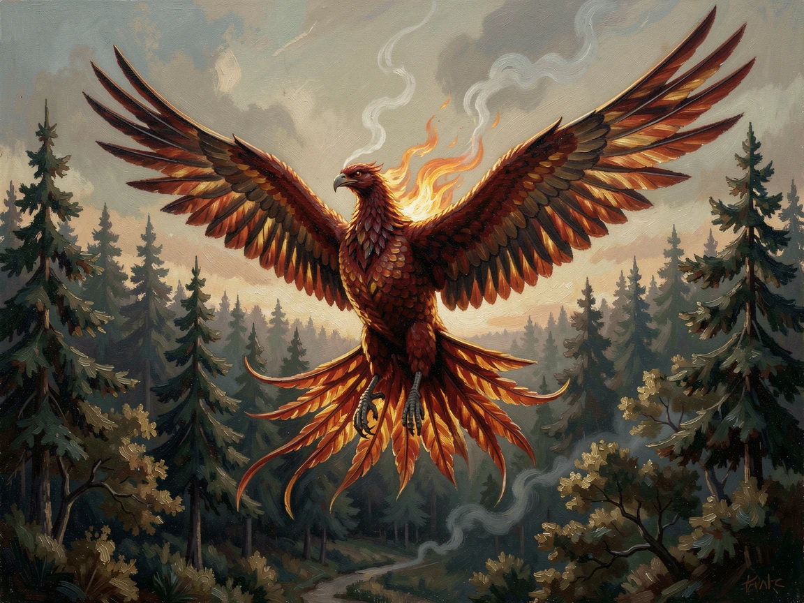 A majestic phoenix rising in flame and light above a dark forest, rendered with photorealistic detail to feel genuinely believable, designed to captivate the imagination while feeling grounded in realism
