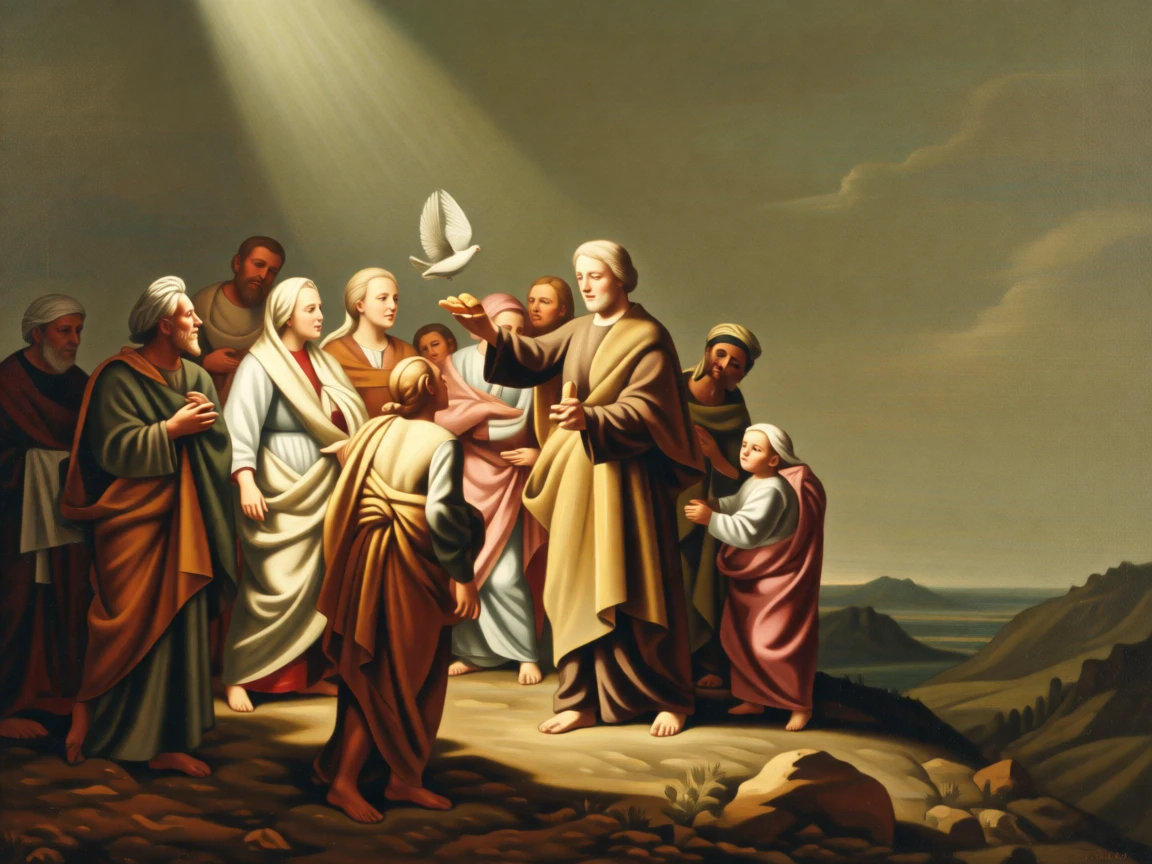 A saint offering bread to a gathering of the poor and hungry in a moment of profound spiritual clarity, set atop a remote mountain overlooking an endless valley, with a single dove or beam of light marking the sacred moment; quiet, uncluttered space allows the emotional core room to breathe, evoking reverence, humility, and quiet transcendence.