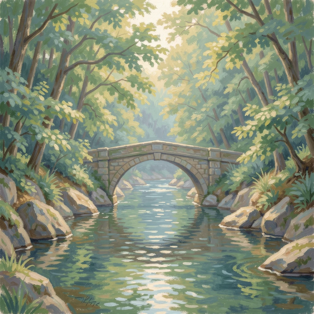 A narrow river gorge where a single arched stone bridge spans the water beneath dense green forest, capturing a fleeting moment of pure happiness.