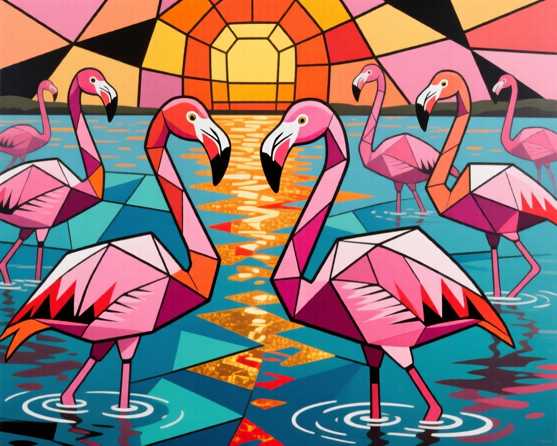 A flock of pink flamingos wading through shallow lagoon waters at sunset.