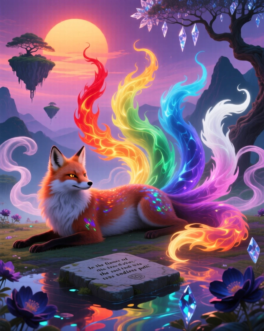 A kitsune with nine tails each trailing a different color of flame rests beneath the light of a slow, setting sun, while wisps of light curl gently around its form.