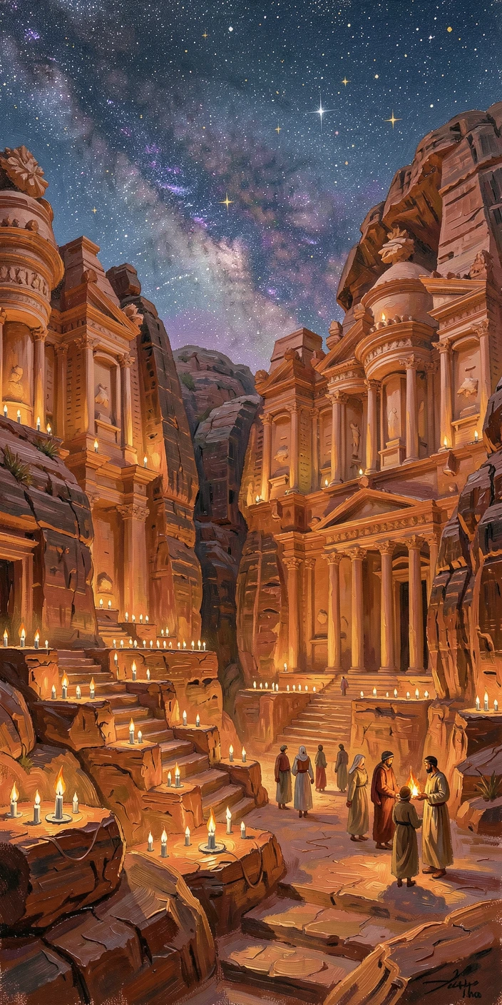 The ancient city of Petra glows amber under a canopy of stars, its carved facades illuminated by hundreds of flickering candles during a night visit, distant figures going about their day, lending the scene a sense of genuine daily life.
