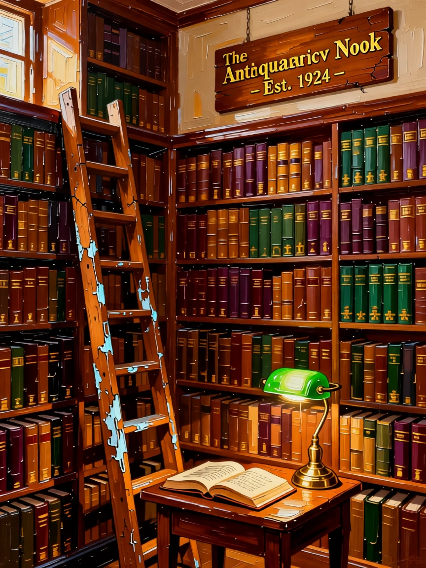 A vintage bookstore with towering shelves and a ladder leaning against rows of leather spines