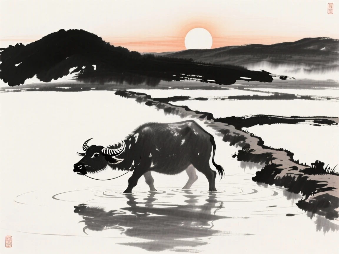 A water buffalo wades through a shallow irrigation channel, as the sun begins to set behind distant hills.