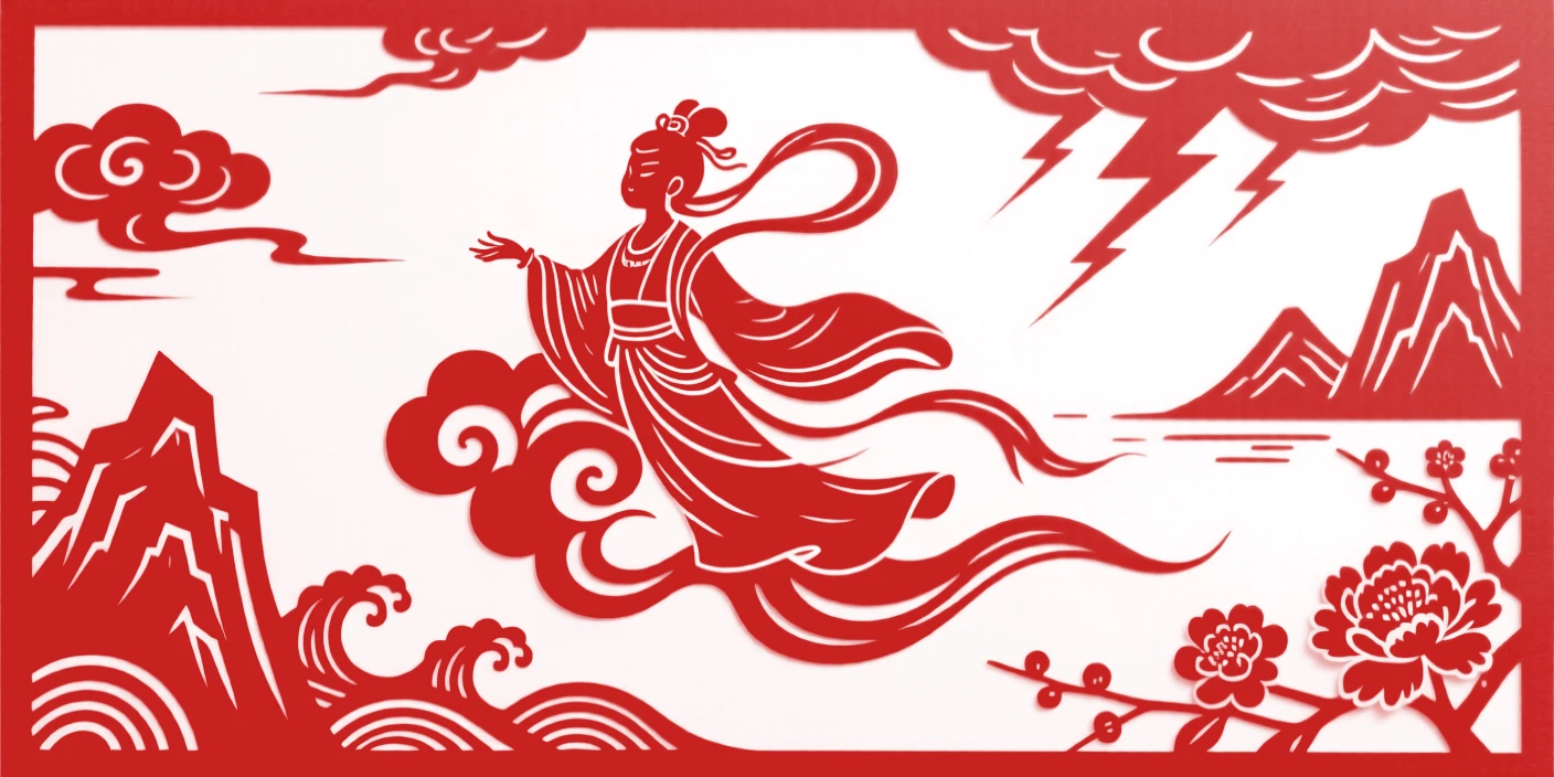 A young immortal, descending from the heavens on a swirling cloud, as thunder rumbles across distant peaks.