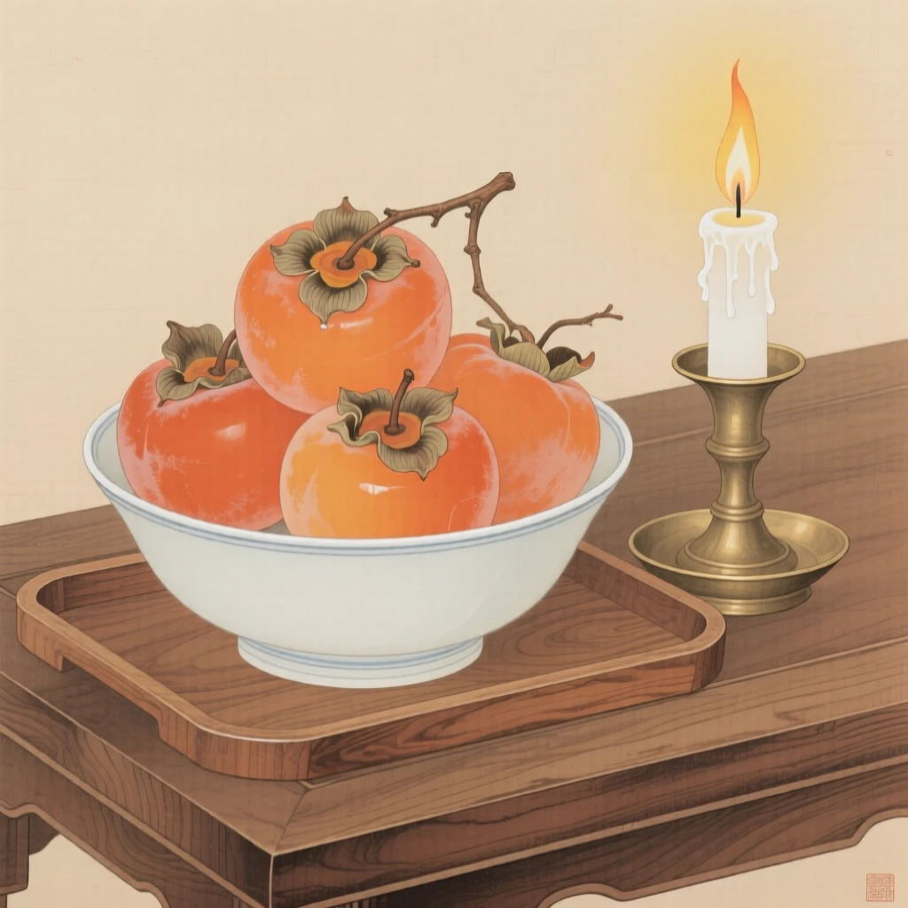 A bowl of ripe persimmons on a wooden table on a wooden tray beside a lit candle