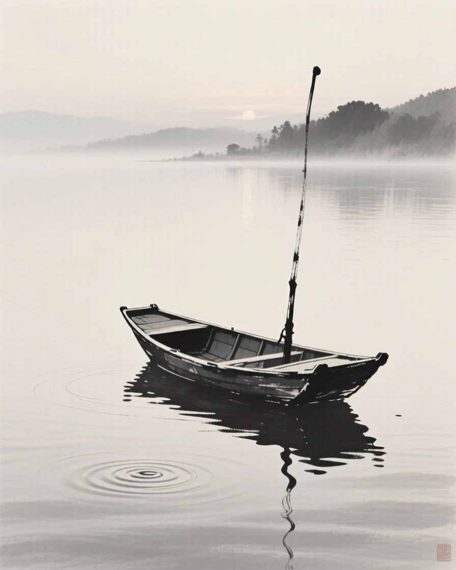 A single empty boat drifting on a still lake in the hush of early dawn, balanced with a single small detail against a quiet backdrop, carrying a hushed, contemplative silence.