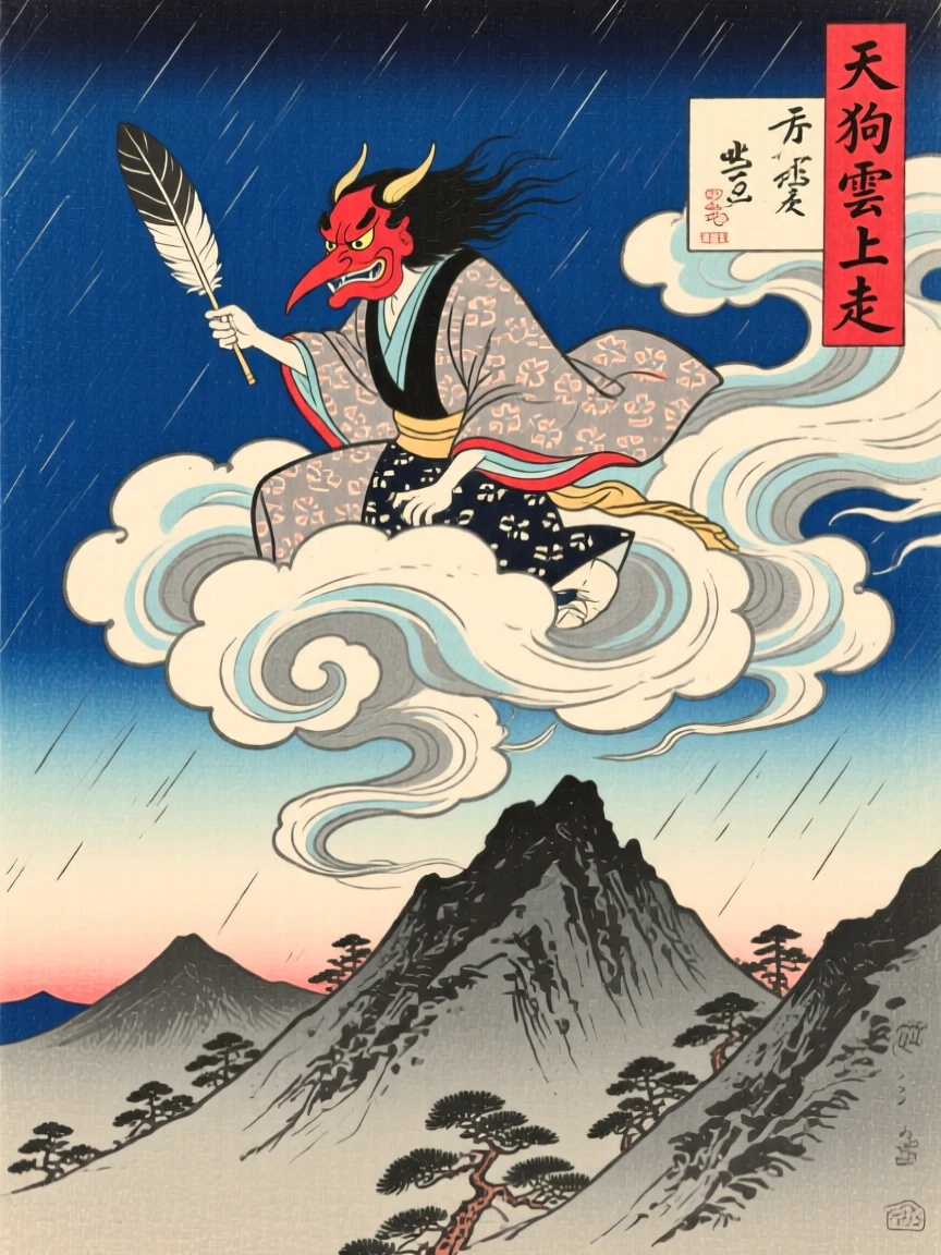 A perched tengu riding a swirling storm cloud above the peaks.