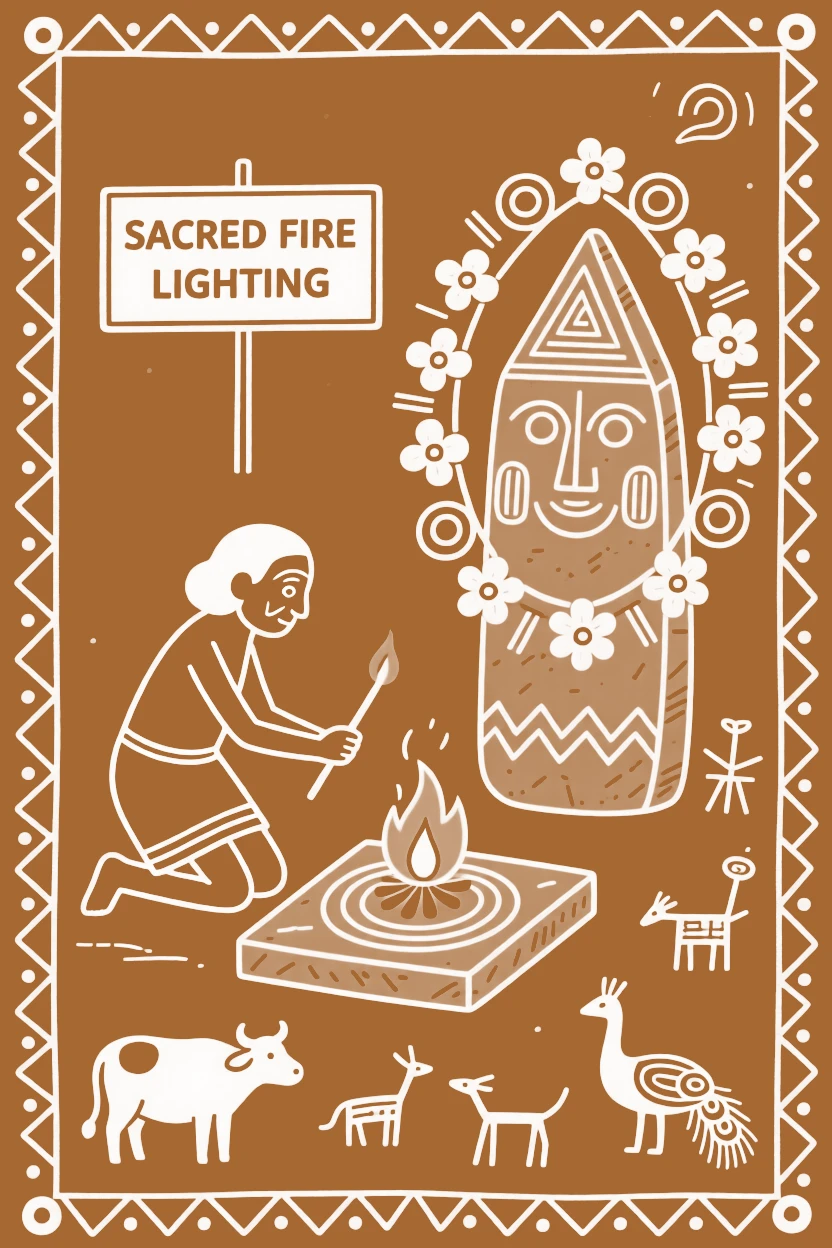 An elder lighting a sacred fire before a stone deity adorned with flowers.