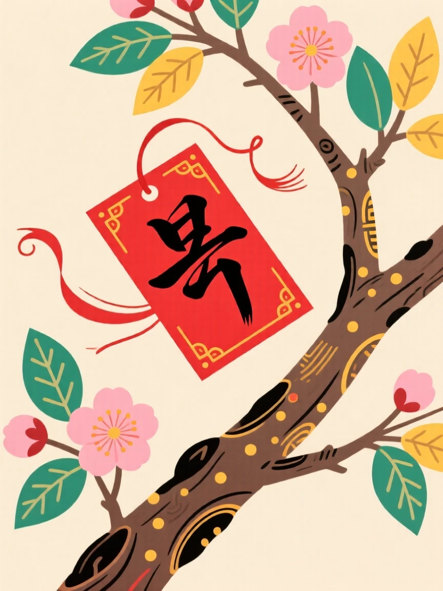 A red paper charm fluttering from a tree branch, symbolizing a wish granted.