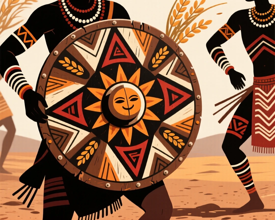 A painted ceremonial shield worn by dancers celebrating a successful harvest.