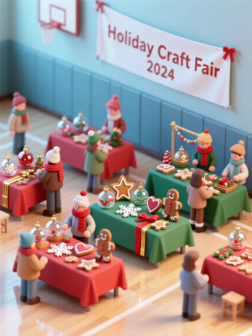 A bustling holiday craft fair in a school gymnasium, tables piled with handmade ornaments, ribbons, and gingerbread.