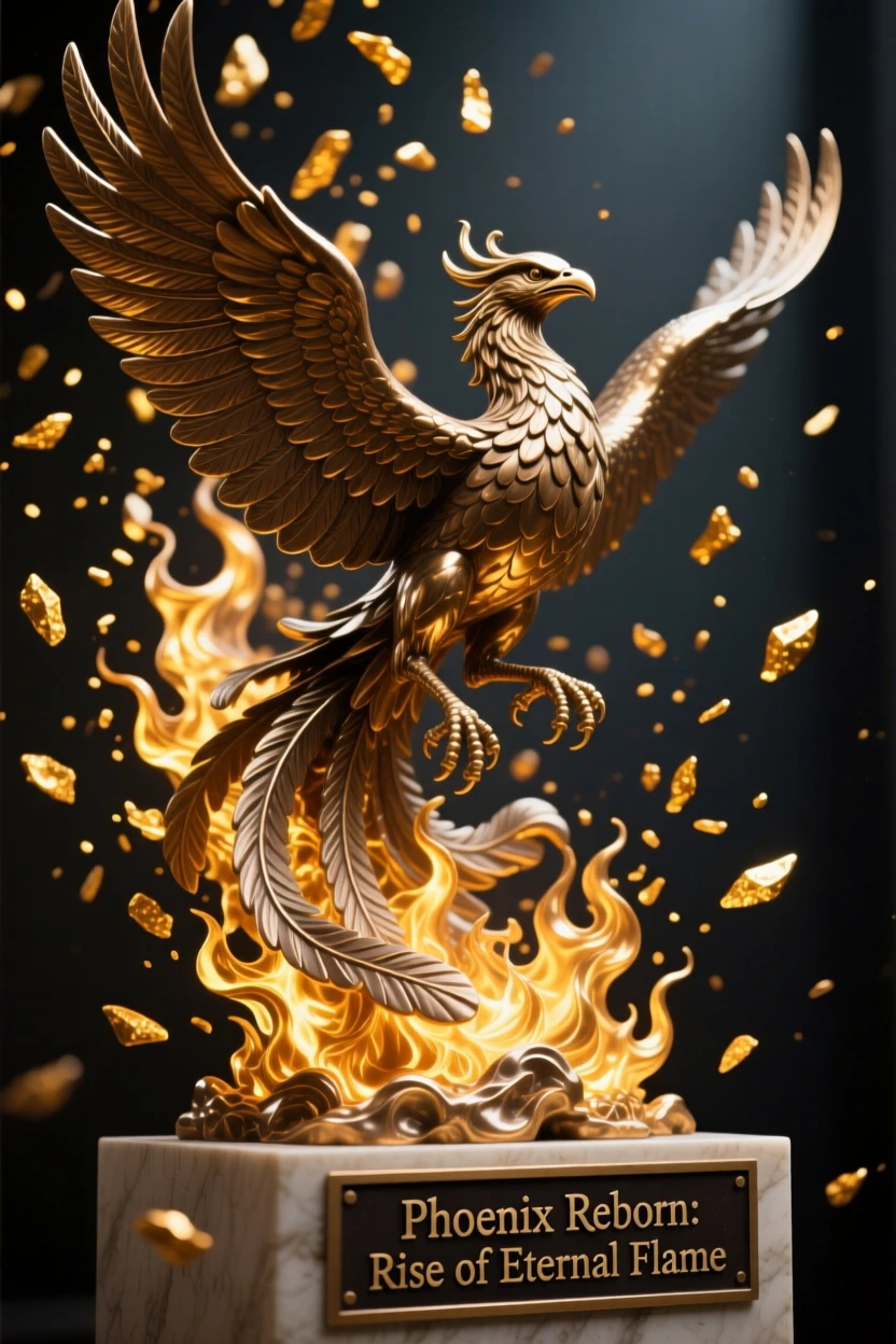 A phoenix reborn amid a shower of golden embers, rendered with dramatic, sweeping composition, radiating awe and grandeur