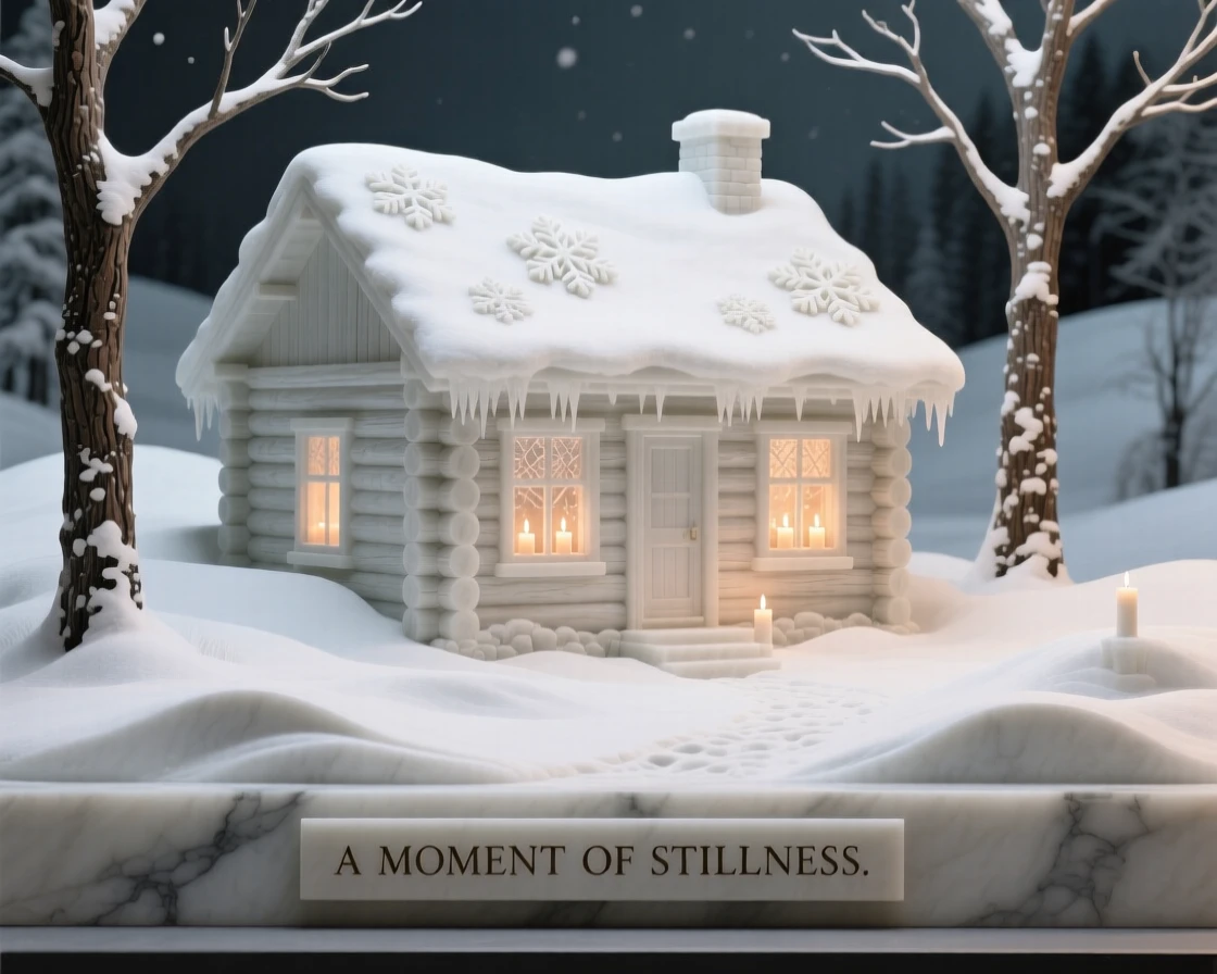 A beautifully composed image of a snow-covered cabin glowing with warm light, in a moment of quiet stillness, full of atmosphere and visual storytelling