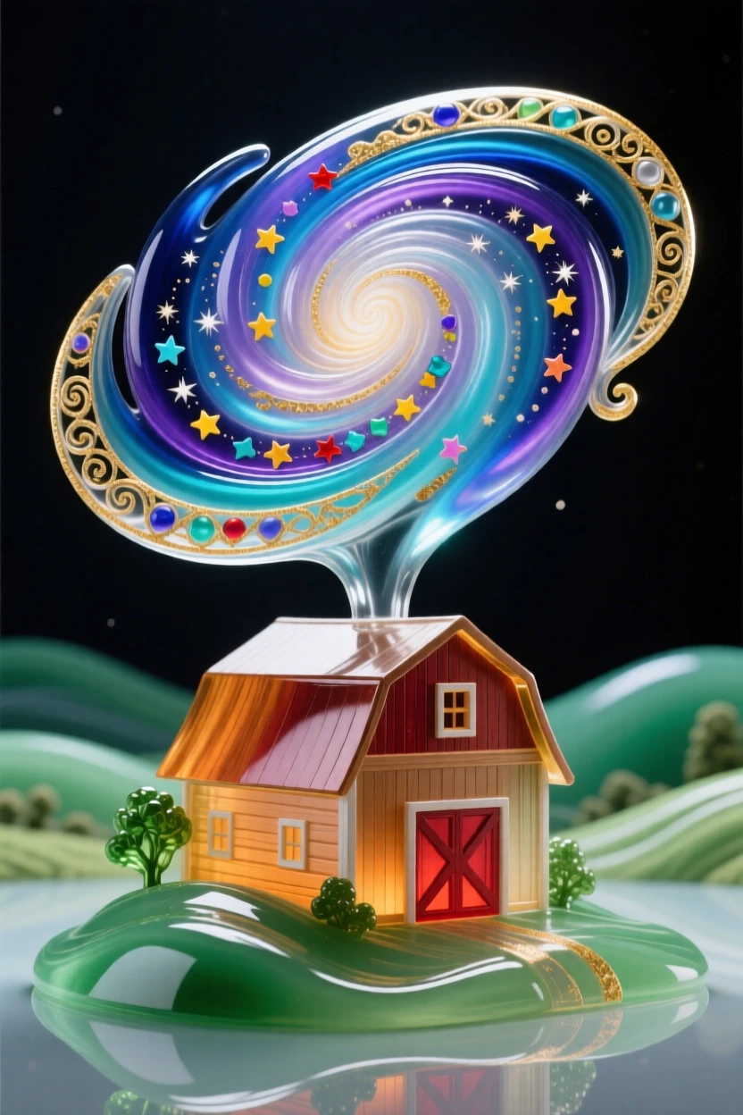 A spiral galaxy swirling gently above a quiet countryside barn, cosmic and serene.