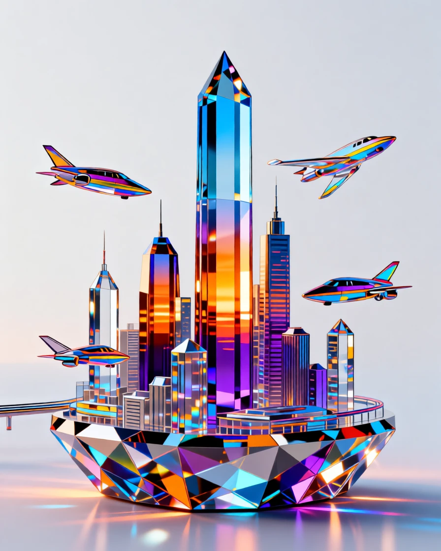 A futuristic city skyline with flying vehicles weaving between towering glass skyscrapers at dusk.