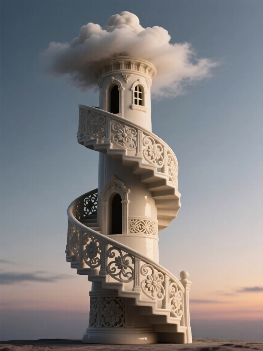 A spiral staircase tower rising toward the clouds silhouetted against a fading twilight, with intricate carvings along every surface, capturing the romance of a bygone era.