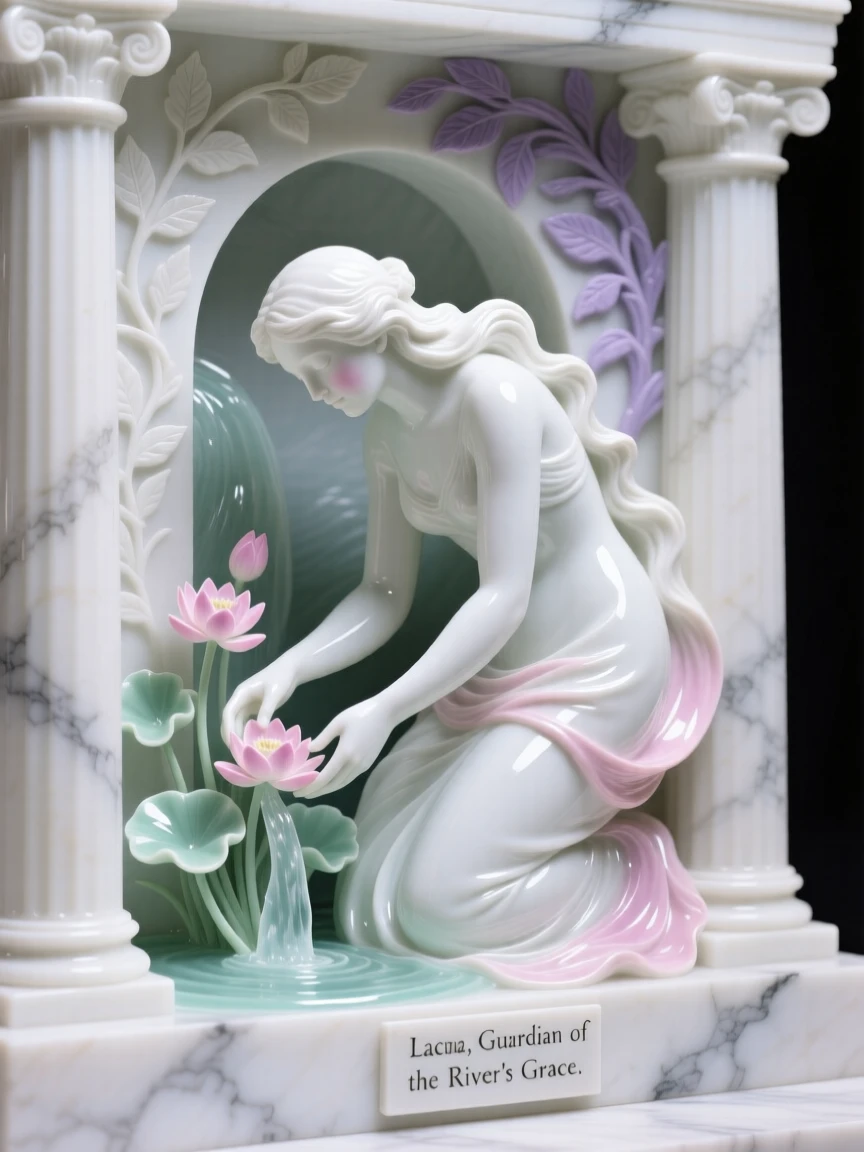 A mythological moment: a river nymph gathering in a marble temple, bathed in an otherworldly glow.