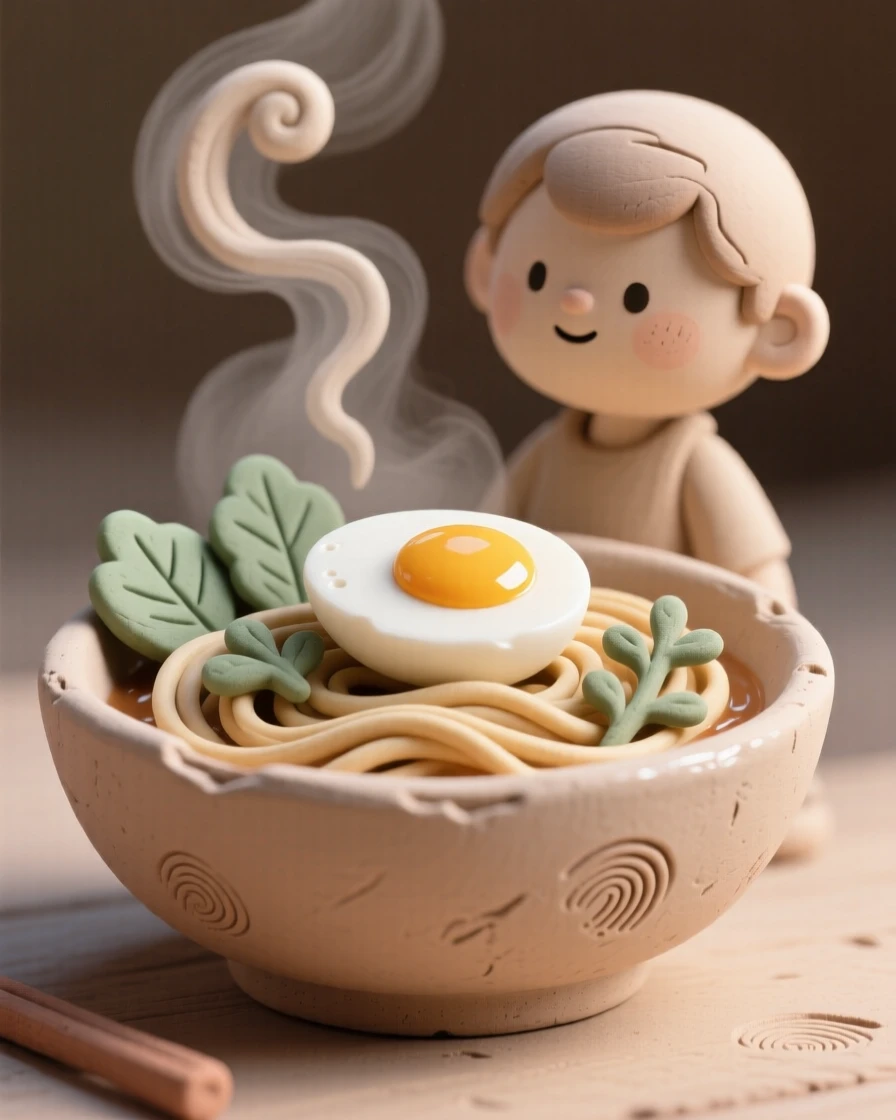 A steaming bowl of ramen garnished with soft-boiled egg and herbs