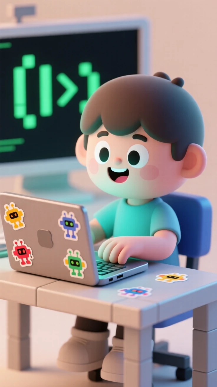 A curious young coder types excitedly at a laptop covered in colorful robot stickers, screen glowing with code.