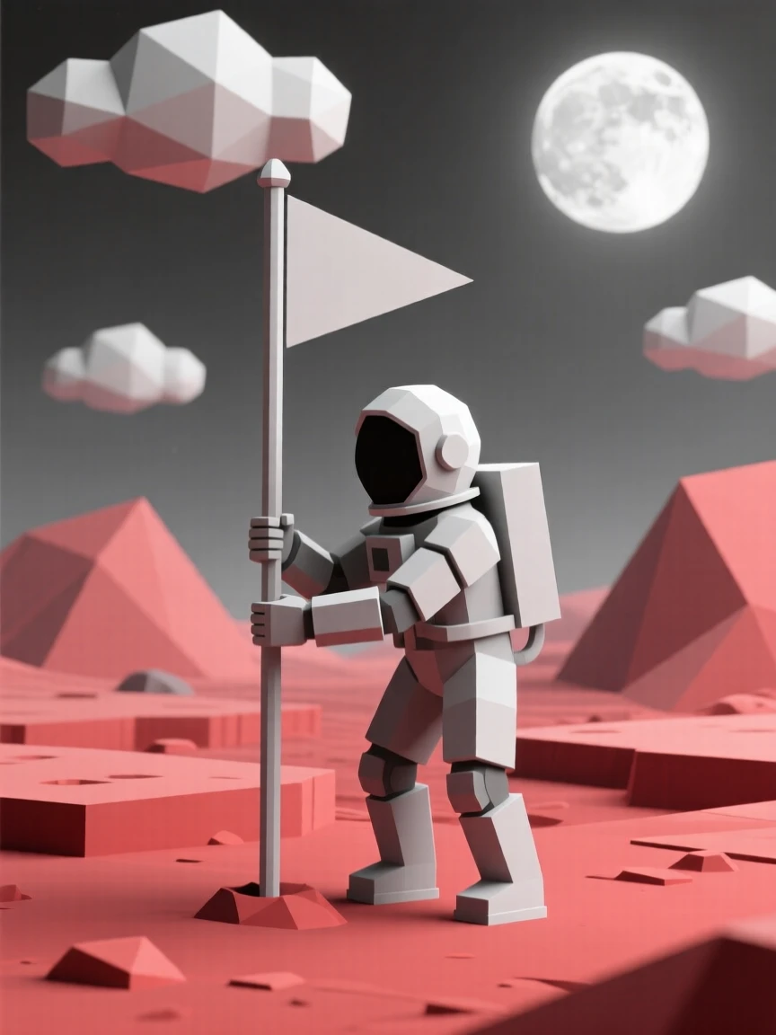 An astronaut planting a flag on an alien red landscape, amid drifting clouds lit by moonlight. fine particle detail adds texture to the vast space. There is a dreamlike, otherworldly quality to the moment.