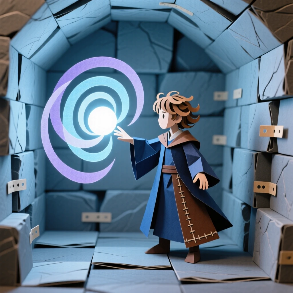 A young apprentice mage summoning glowing magic within a stone chamber, with swirling mist wrapping around the scene, capturing epic scale and wonder.