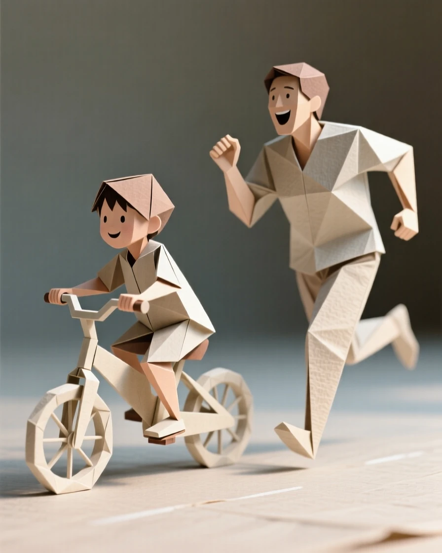 A child's first bicycle ride without training wheels, parent running alongside cheering.