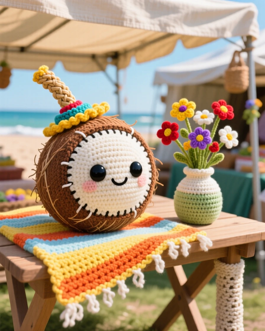 A delightful still-life of a round coconut character with a straw poking through the top, resting on a sunny beach towel within a sunny outdoor farmer's market stall; a small vase of wildflowers on the table nearby, full of bright, appetizing cheerfulness.