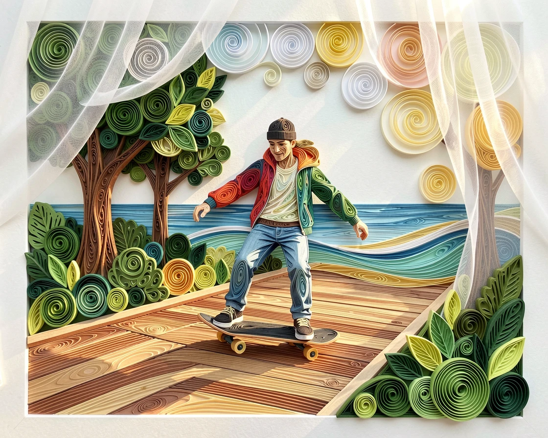 a skateboarder gliding through a sunlit urban park, along a scenic coastal boardwalk, arranged with cozy layered textures throughout, with soft morning light filtering through sheer curtains.