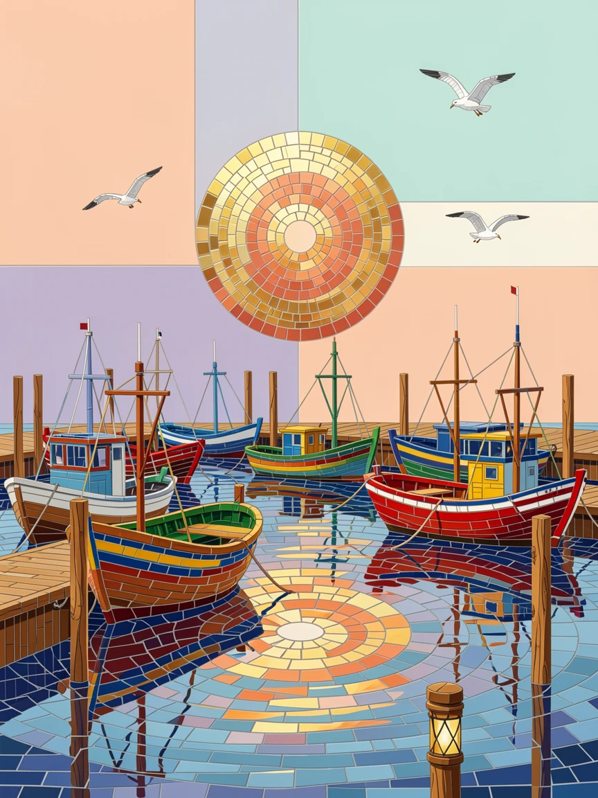 A colorful array of traditional fishing boats docked in a harbor at sunrise.