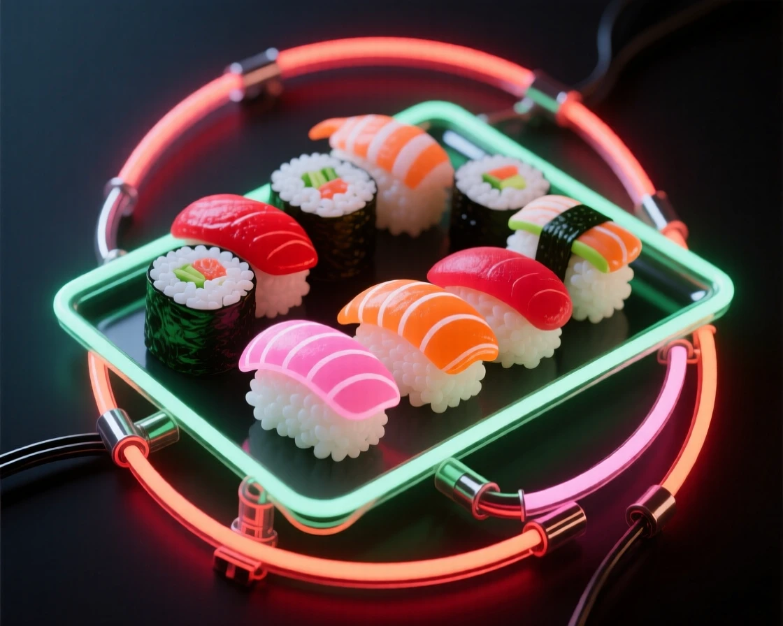 A tray of colorful sushi rolls arranged in a spiral.