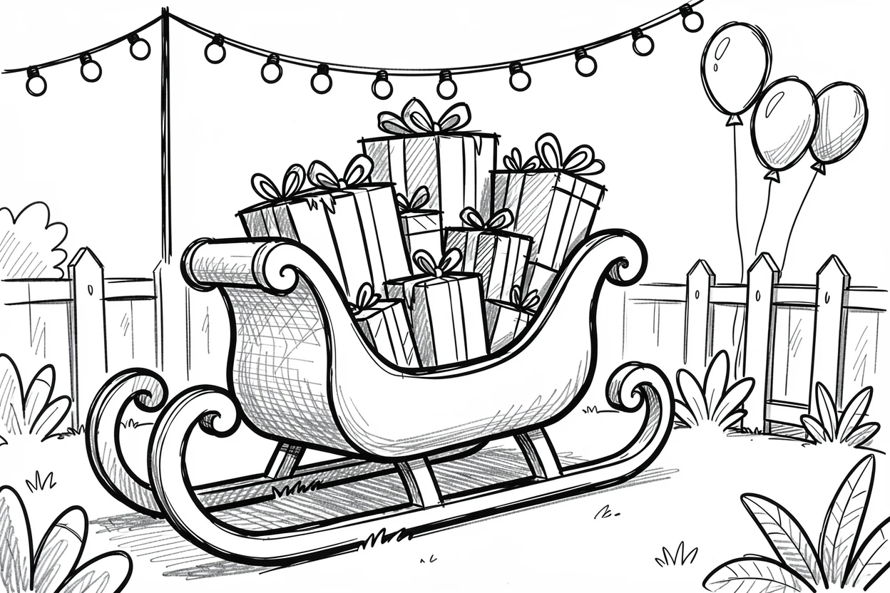 A sleigh loaded with wrapped presents in a backyard decorated for a celebration.
