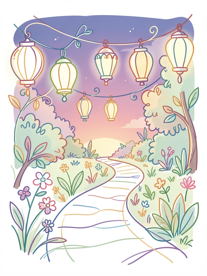 A row of lanterns strung along a garden path at twilight.