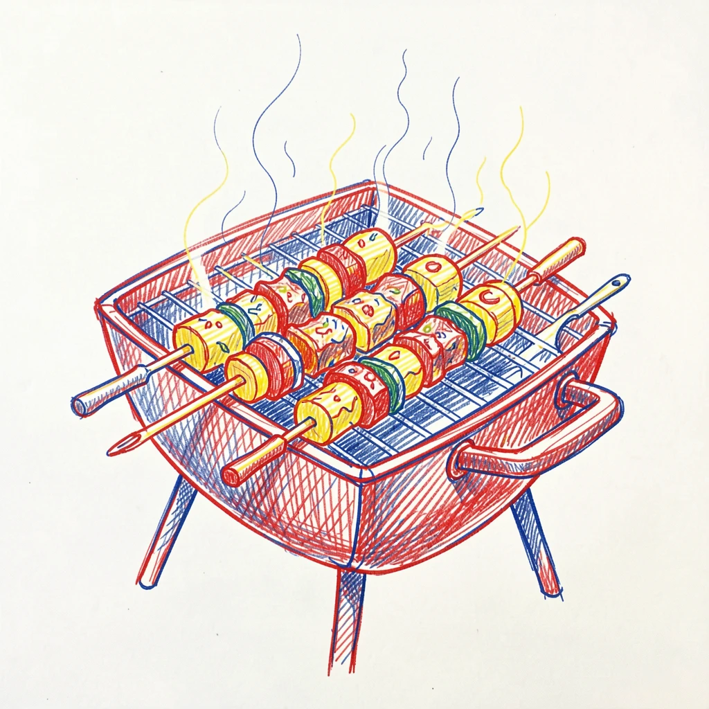 A grill sizzling with skewers of marinated vegetables and meat