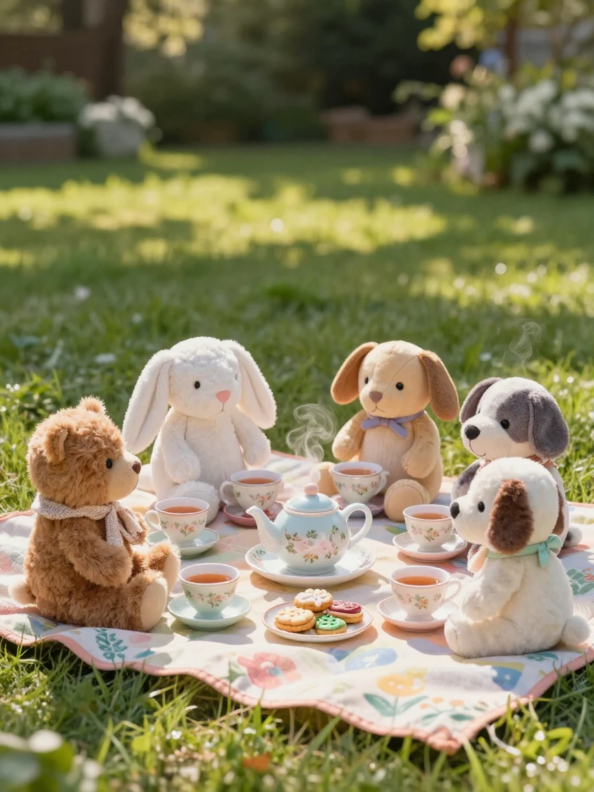 A child's tea party set up with stuffed animals and toy cups