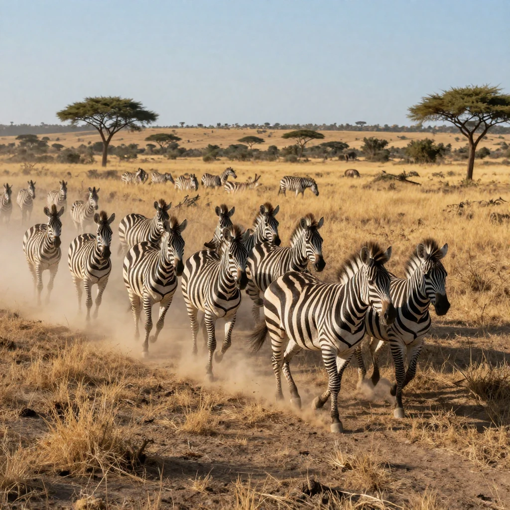 A herd of wild zebras kicks up dust crossing a sunbaked savanna.