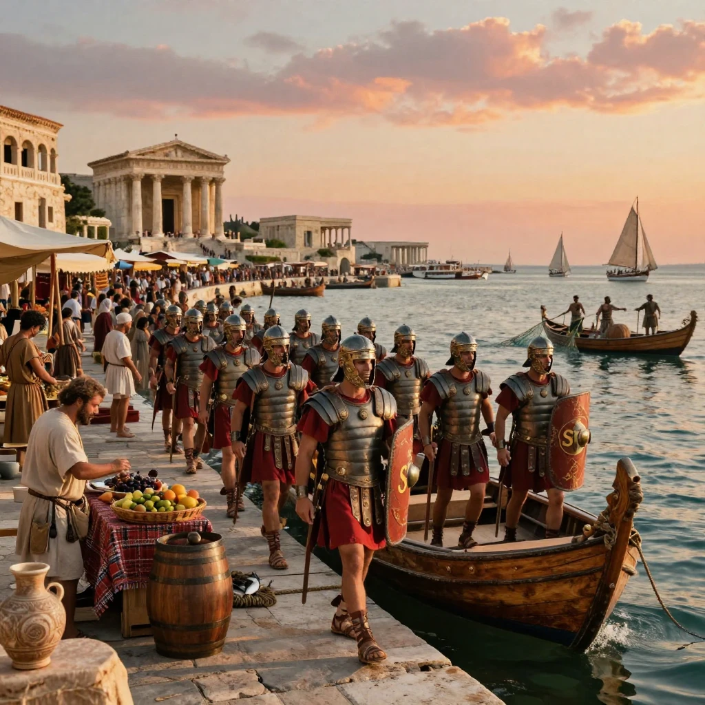 A company of Roman soldiers arriving at a bustling ancient harbor