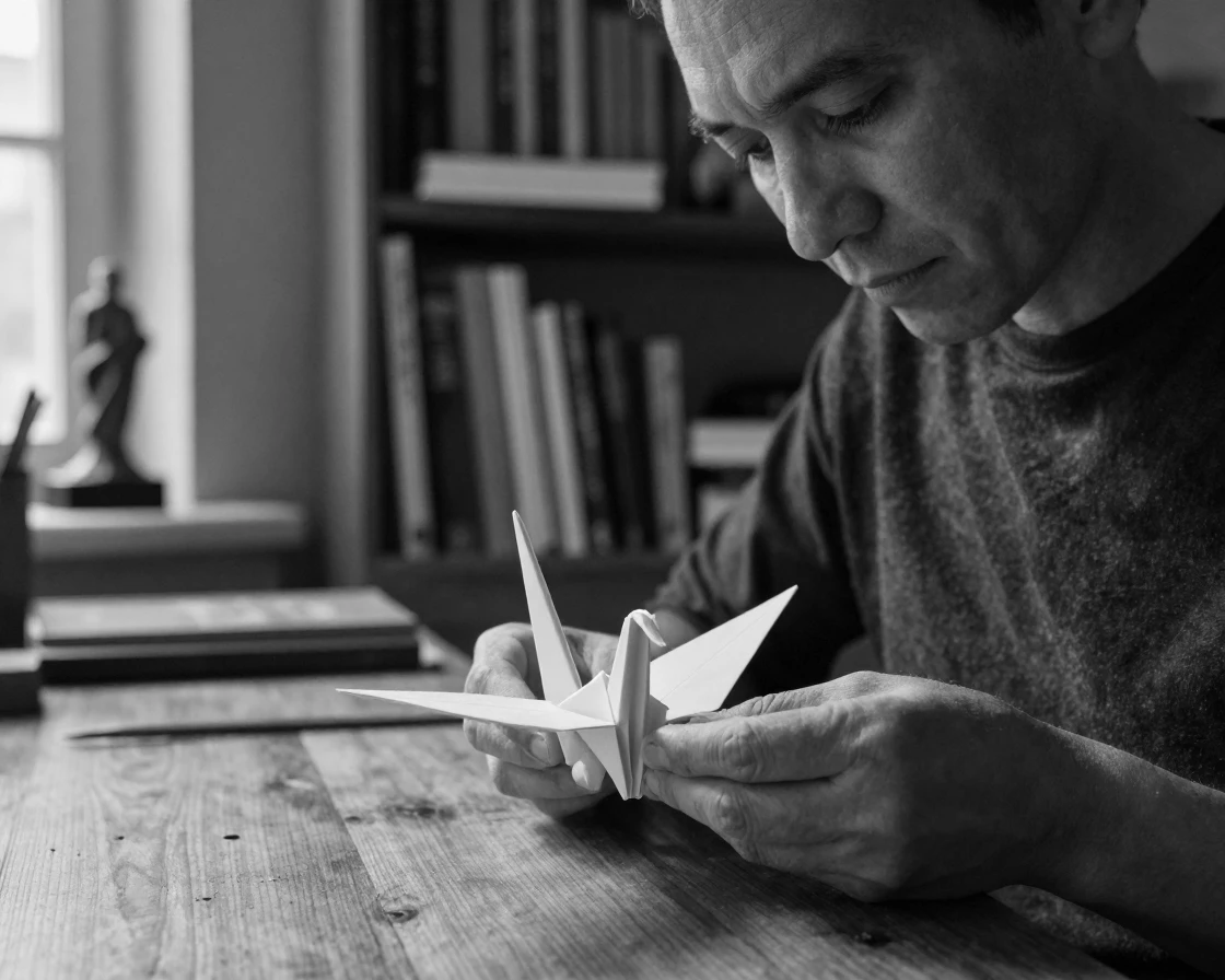 An origami artist folds paper into a delicate crane in a quiet study.