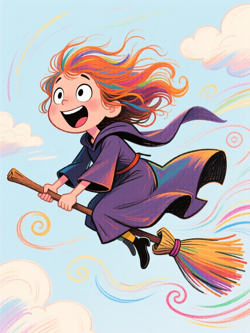 A young witch on her first solo broomstick flight, robes flapping wildly.