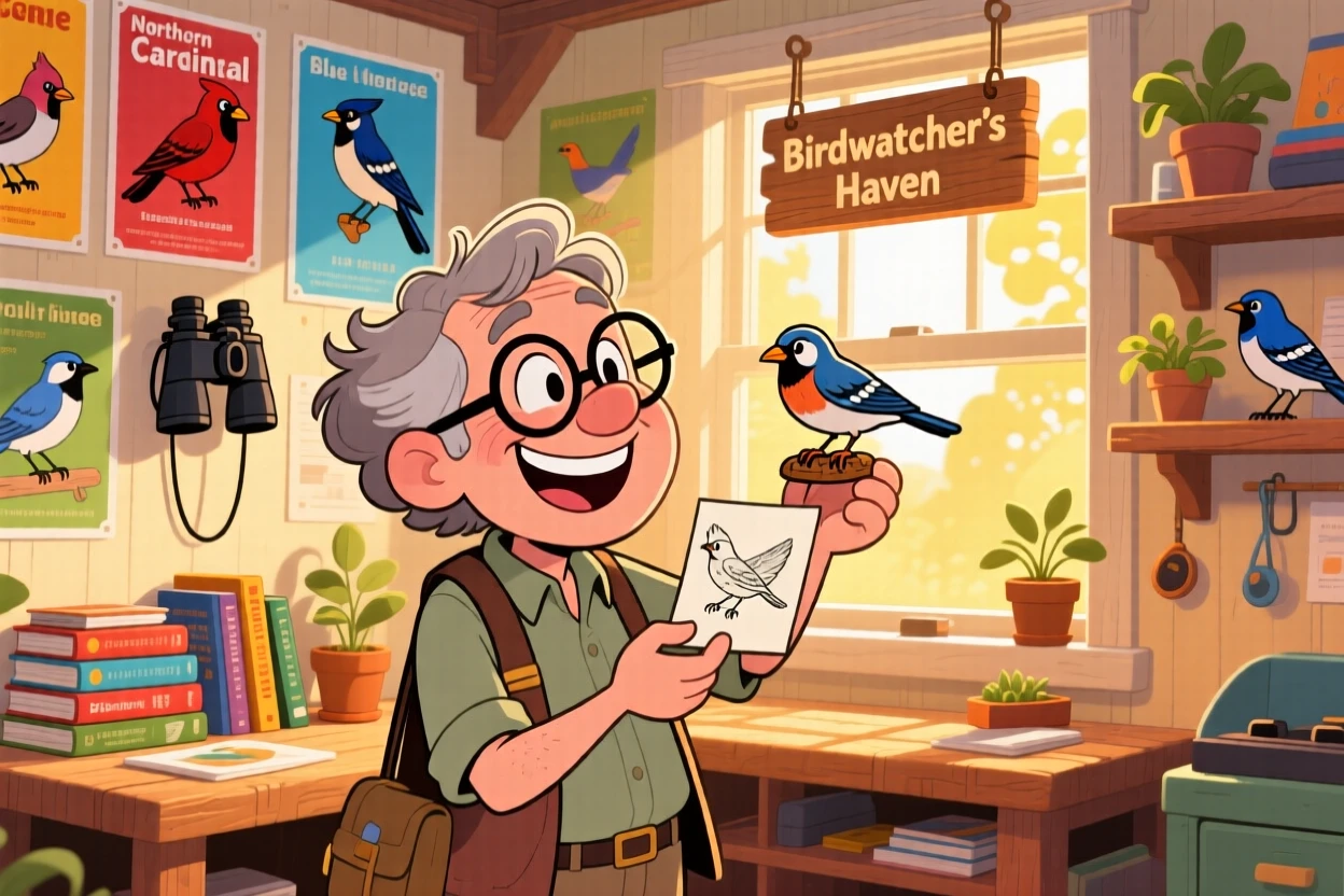 An everyday-life snapshot of a devoted birdwatcher, grinning at a small but satisfying success, in a cozy sunlit workshop.