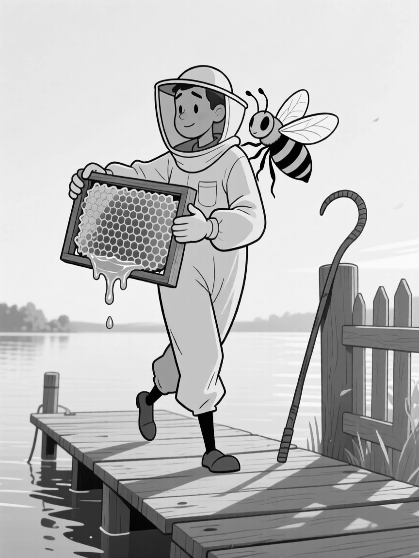 A beekeeper gently cradling a frame dripping with honey, tiptoeing backward with hands raised defensively, set on a quiet dock at golden hour. A lone shepherd's crook leans against a fence post. It captures the quiet wonder of the changing seasons.